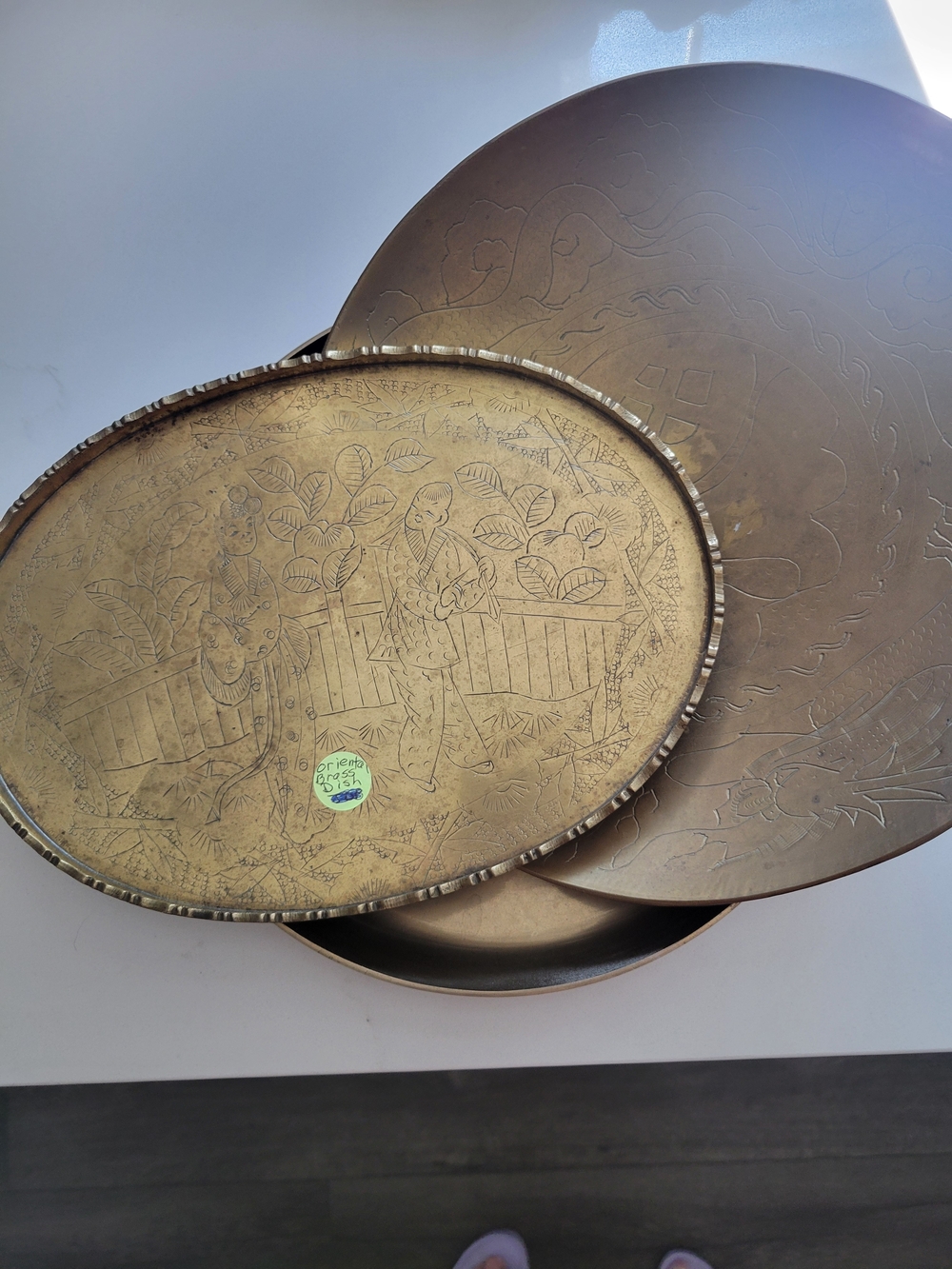 Vintage Decorative Brass Serving Tray Set - Etched Asian Motif - Gold Tone